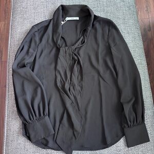 Mango NWT Women's Black Pullover Long-Sleeve Blouse w/ Collar and Tie | Size 4